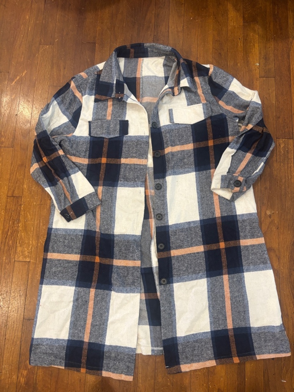SHEIN Navy, Cream & Peach Plaid Long Shacket